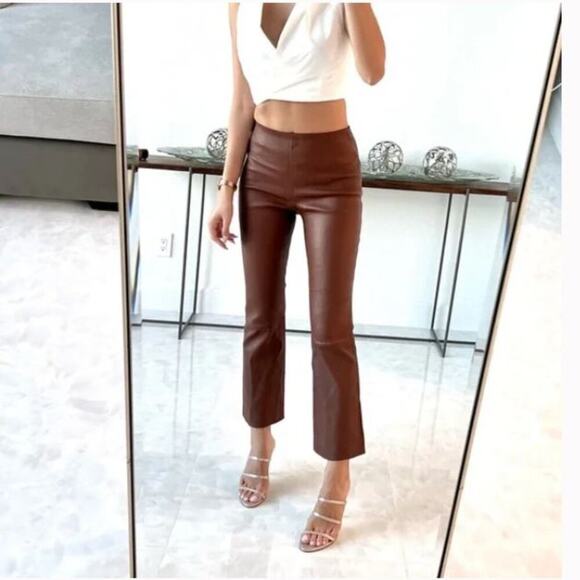 Theory Sz 8 Bristol Leather Pull-On Kick Flare Pants Dark Cognac - Picture 1 of 8